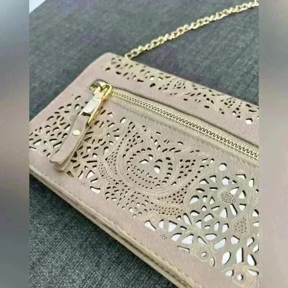 Mystique Women’s Floral Cut Out Tan Gold Chain Luxury Purse Wedding Guest Bag - Picture 7 of 15